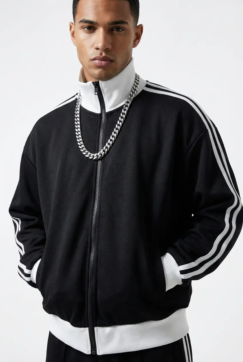 CONTRAST SIDE STRIPE FLEECE CROPPED TRACK JACKET®