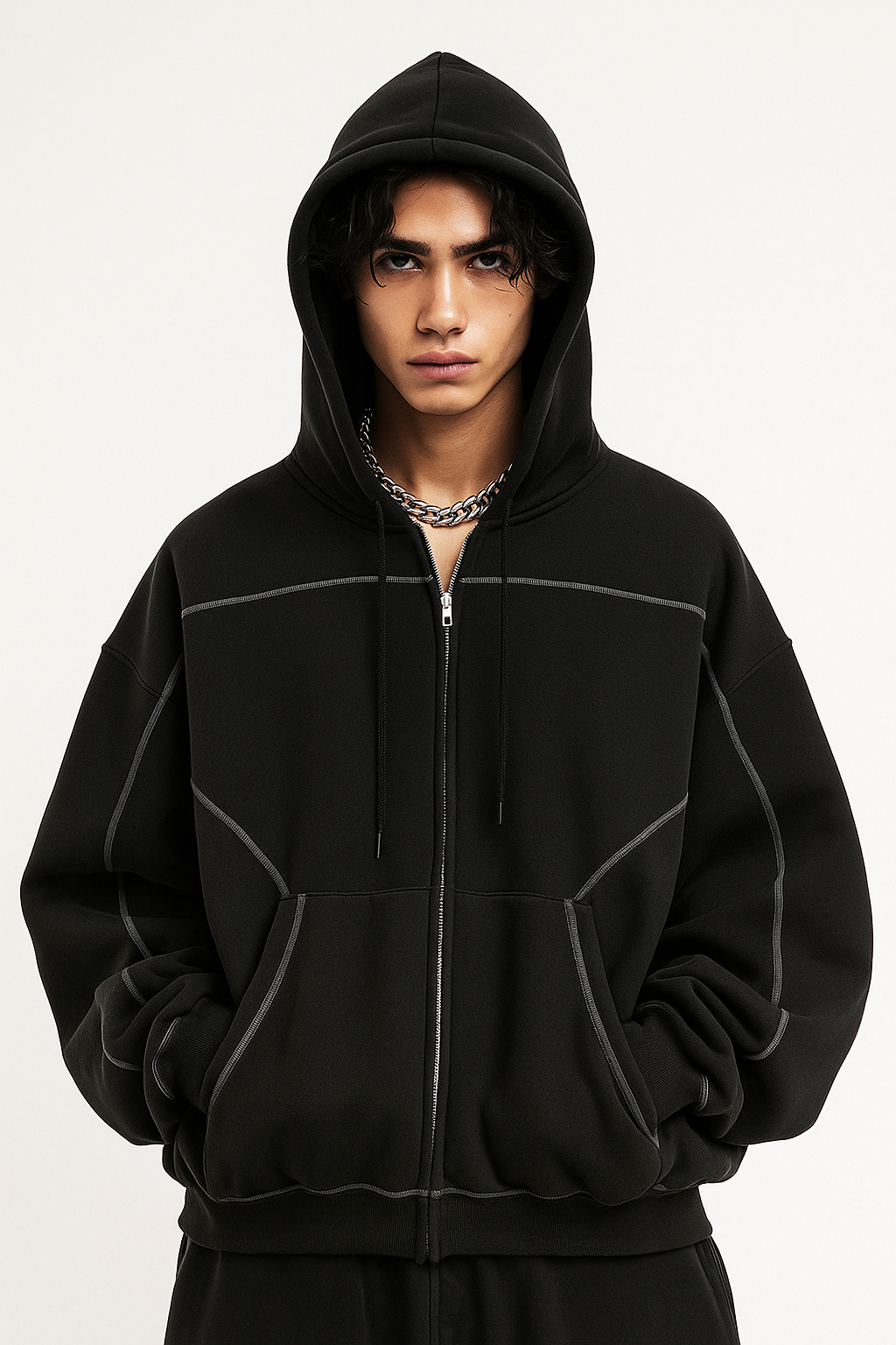 CONTRAST- STITCHED BOXY FLEECE ZIP-UP®