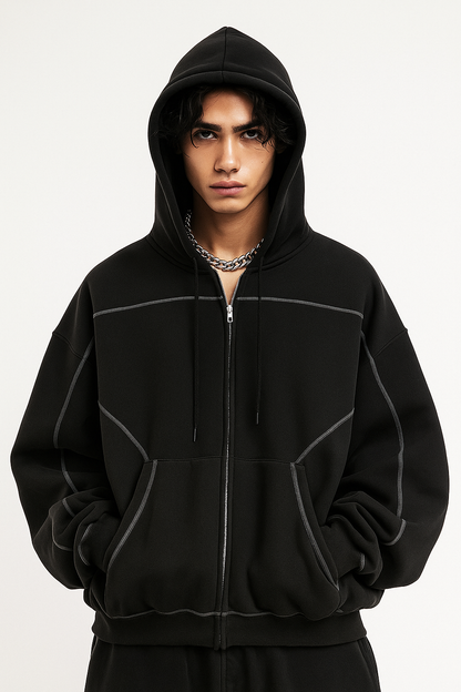 CONTRAST- STITCHED BOXY FLEECE ZIP-UP®